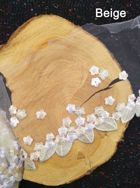 Beige and White Floral Embroidered Mesh Net Trim- Per yard - 18cm wide Gold Flower Lace Edging Border/Colourful Cherry Blossom Tulle Panel