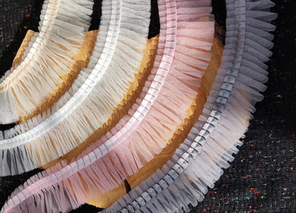 Pleated Tulle Ruffle Trim with Satin ribbon edge- Per Yard- 6cm width Frilly Border For Doll Making, TuTu Skirt DIY, Bridal Gown embellishme