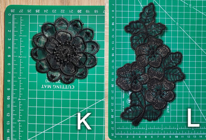 Black Embroidered Flower Sew on Lace Appliqué with Sequin -Layered Organza Floral Motif Patch- DIY Bridal Dress Embellishment, Wedding decor