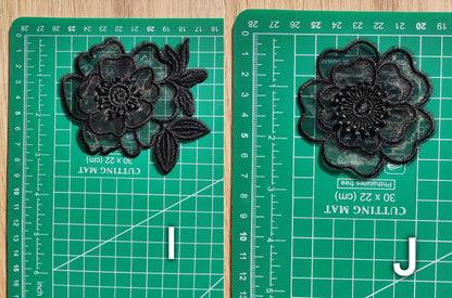 Black Embroidered Flower Sew on Lace Appliqué with Sequin -Layered Organza Floral Motif Patch- DIY Bridal Dress Embellishment, Wedding decor