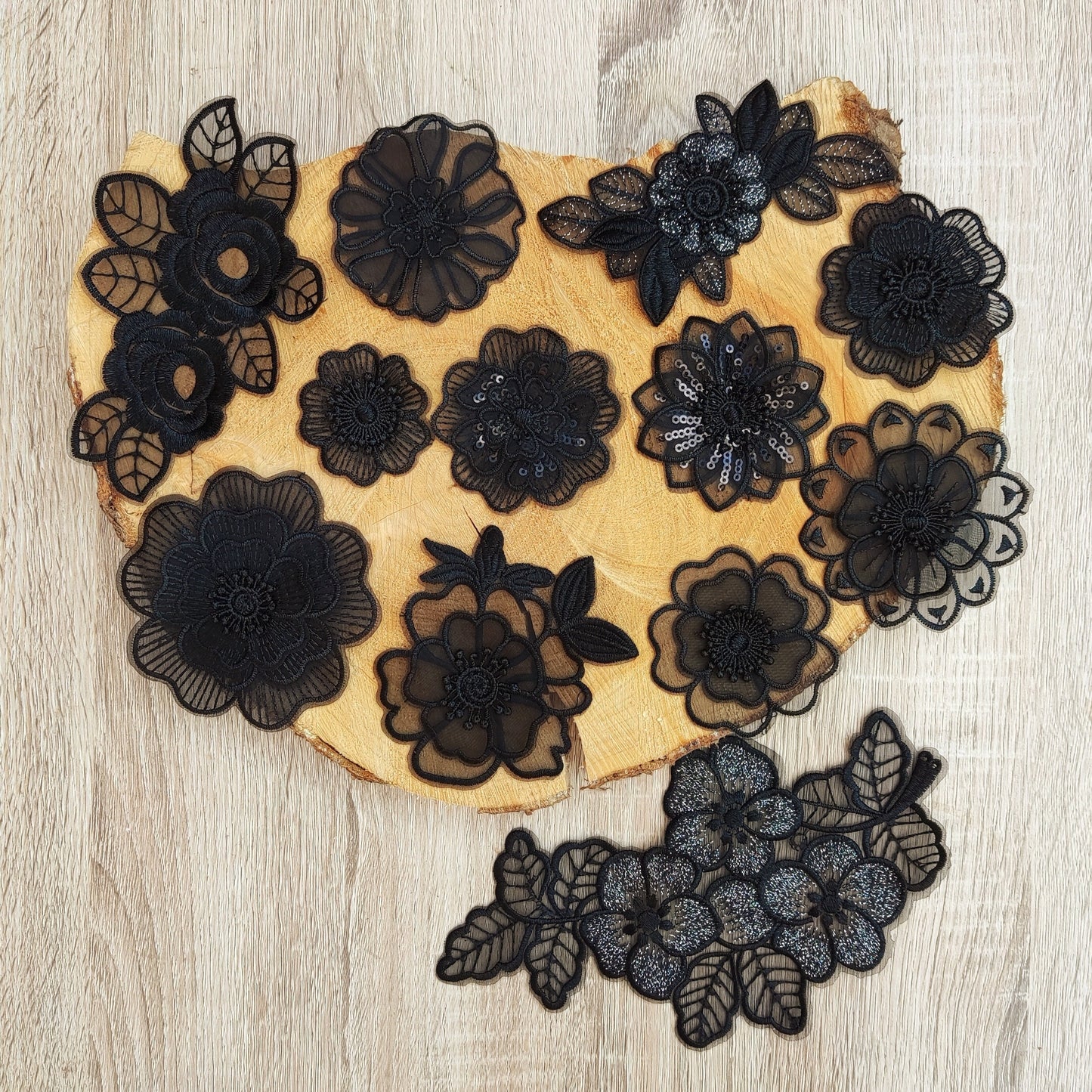 Black Embroidered Flower Sew on Lace Appliqué with Sequin -Layered Organza Floral Motif Patch- DIY Bridal Dress Embellishment, Wedding decor