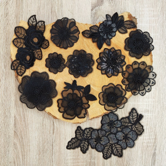 Black Embroidered Flower Sew on Lace Appliqué with Sequin -Layered Organza Floral Motif Patch- DIY Bridal Dress Embellishment, Wedding decor