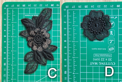 Black Embroidered Flower Sew on Lace Appliqué with Sequin -Layered Organza Floral Motif Patch- DIY Bridal Dress Embellishment, Wedding decor