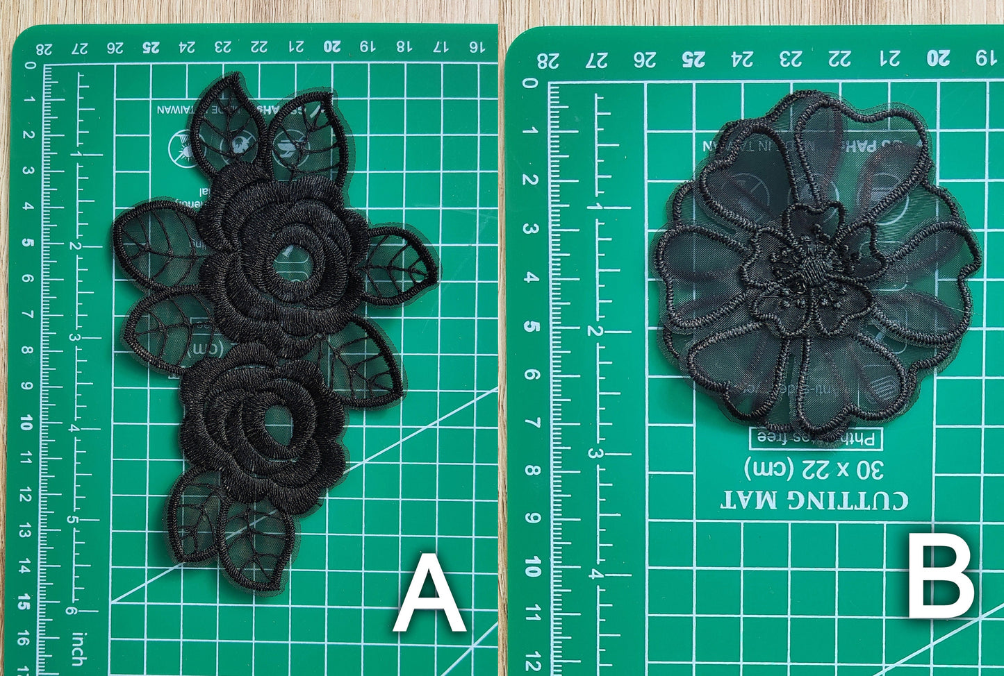Black Embroidered Flower Sew on Lace Appliqué with Sequin -Layered Organza Floral Motif Patch- DIY Bridal Dress Embellishment, Wedding decor