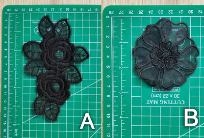 Black Embroidered Flower Sew on Lace Appliqué with Sequin -Layered Organza Floral Motif Patch- DIY Bridal Dress Embellishment, Wedding decor