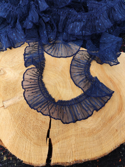 Pleated Dotty Tulle Frilly Trim- 4cm Width Gathered Spotty Ruffle Edging- Per yard- For Doll making, Bridal trim, Upholstery, Scrunchie DIY