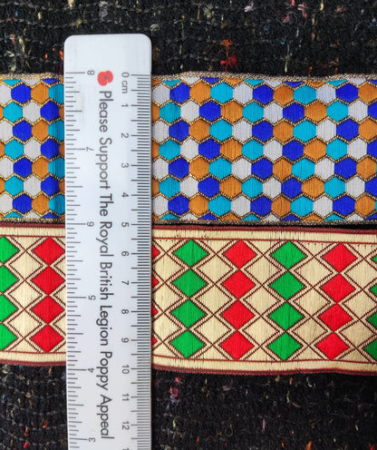 Gold Geometric Embroidered Cord- Diamond Hexagon Ribbon Trim -5cm width border - for Costumes, DIY Crafts, Dresses, Home Decor - 1 Yard