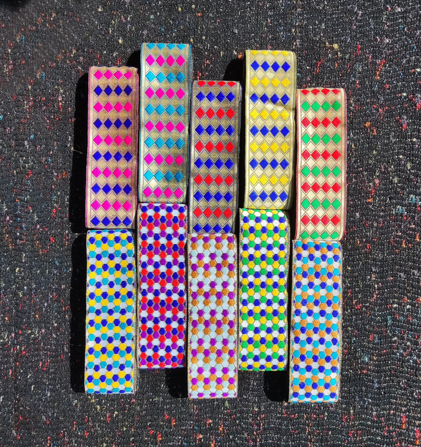 Gold Geometric Embroidered Cord- Diamond Hexagon Ribbon Trim -5cm width border - for Costumes, DIY Crafts, Dresses, Home Decor - 1 Yard