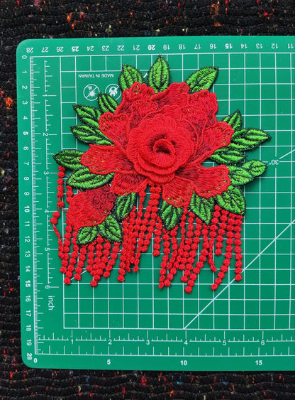 Statement Peony with Tassel Sew On Applique-  Embroidered Flower Motif Patch- For Clothes DIY, Cushion making, Hippie Chic Home decor