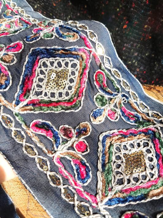 12cm Wide Heavily Embroidered Denim Ribbon Trim– Metallic Thread, Sequins, Frayed Edge  Border- For Dressmaking, Home decor