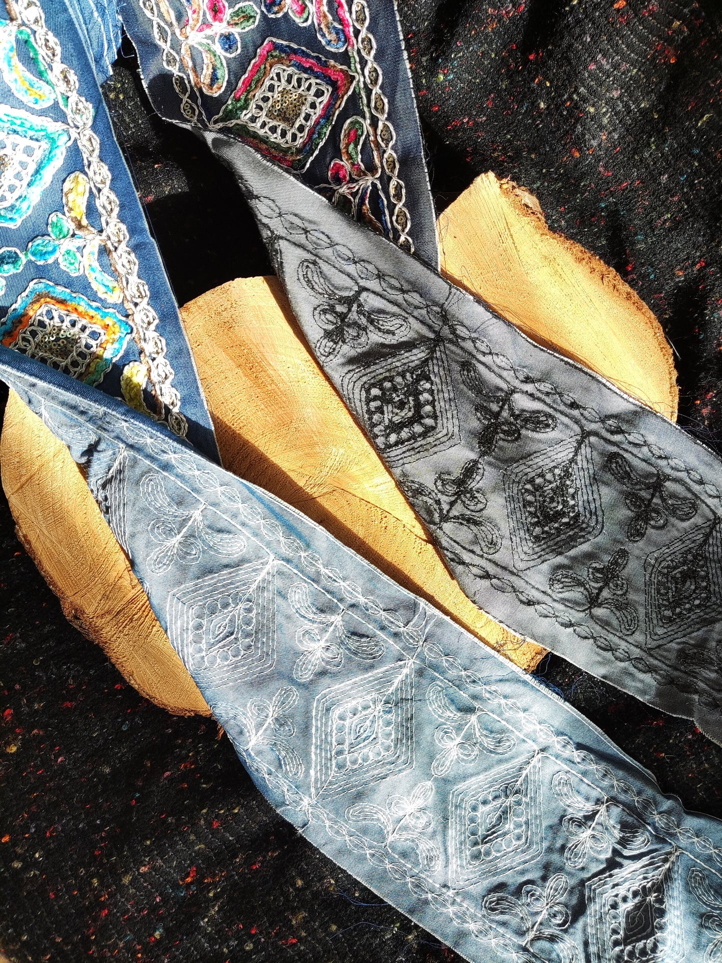 12cm Wide Heavily Embroidered Denim Ribbon Trim– Metallic Thread, Sequins, Frayed Edge  Border- For Dressmaking, Home decor