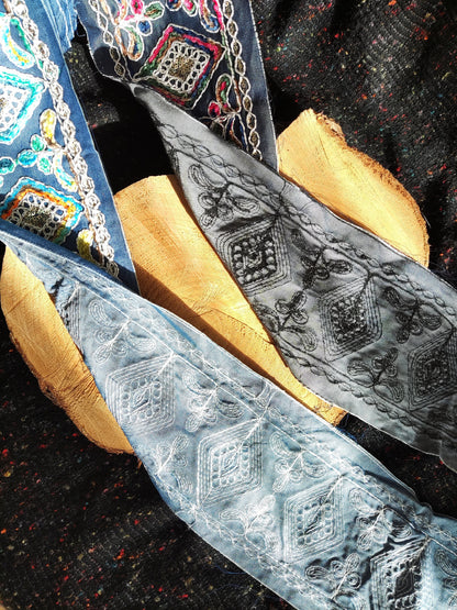12cm Wide Heavily Embroidered Denim Ribbon Trim– Metallic Thread, Sequins, Frayed Edge  Border- For Dressmaking, Home decor