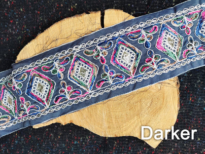 12cm Wide Heavily Embroidered Denim Ribbon Trim– Metallic Thread, Sequins, Frayed Edge  Border- For Dressmaking, Home decor