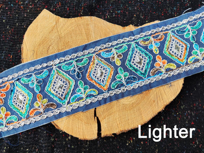 12cm Wide Heavily Embroidered Denim Ribbon Trim– Metallic Thread, Sequins, Frayed Edge  Border- For Dressmaking, Home decor
