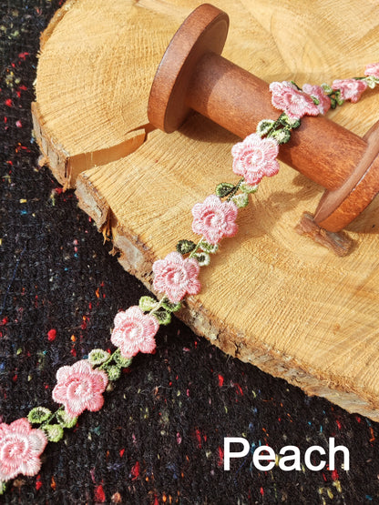 Single Flower Embroidered Floral Ribbon Trim -2cm wide Lace Border-Per yard- For Dressmaking, Home Decor, Doll Clothes, Necklace DIY