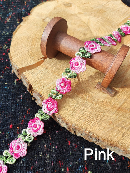 Single Flower Embroidered Floral Ribbon Trim -2cm wide Lace Border-Per yard- For Dressmaking, Home Decor, Doll Clothes, Necklace DIY