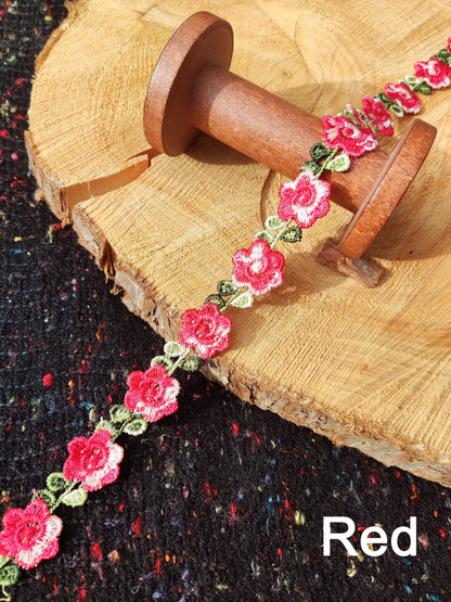 Single Flower Embroidered Floral Ribbon Trim -2cm wide Lace Border-Per yard- For Dressmaking, Home Decor, Doll Clothes, Necklace DIY