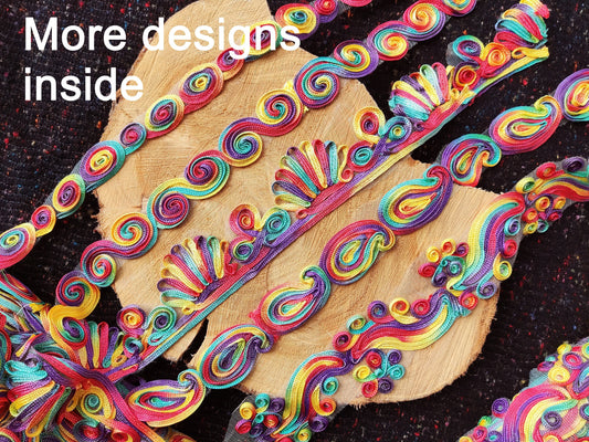 Bold Rainbow Swirly Rope Braided Trim -Boho Color Floral Shoe Lace Edging- Per yard -DIY Costume, Festival Decor, Upholstery Decor