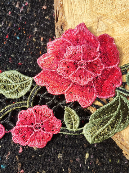 Red Rose Embroidered Flower Trim - 10cm Width Floral Vine Edging Border -DIY Clothing Bags Denim Jacket Jeans Embellishment Upholstery