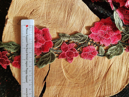 Red Rose Embroidered Flower Trim - 10cm Width Floral Vine Edging Border -DIY Clothing Bags Denim Jacket Jeans Embellishment Upholstery