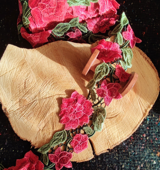 Red Rose Embroidered Flower Trim - 10cm Width Floral Vine Edging Border -DIY Clothing Bags Denim Jacket Jeans Embellishment Upholstery