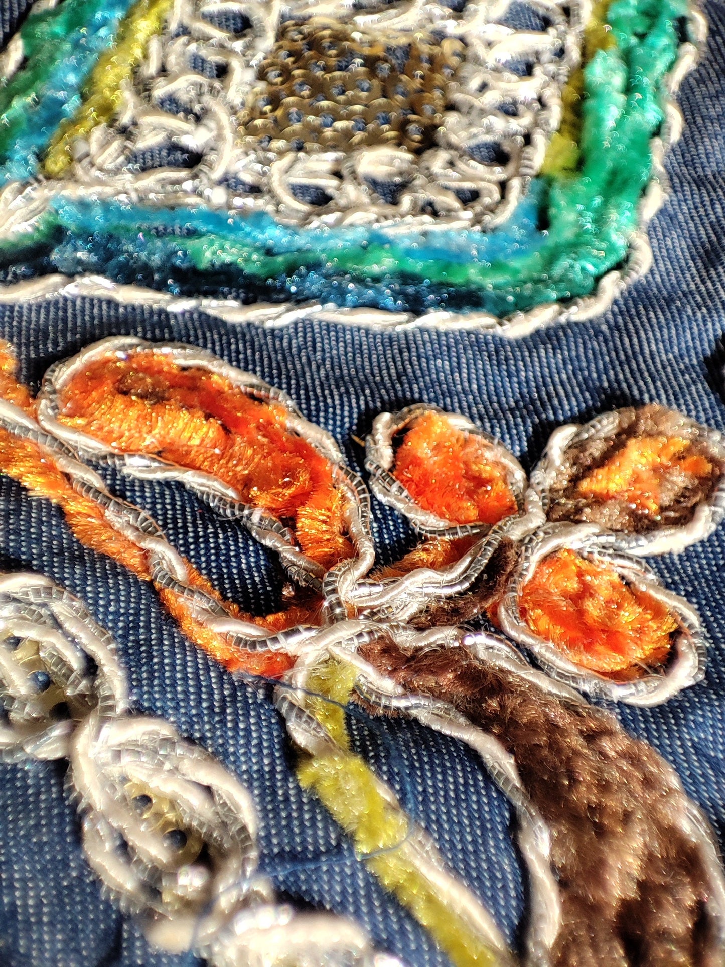 12cm Wide Heavily Embroidered Denim Ribbon Trim– Metallic Thread, Sequins, Frayed Edge  Border- For Dressmaking, Home decor