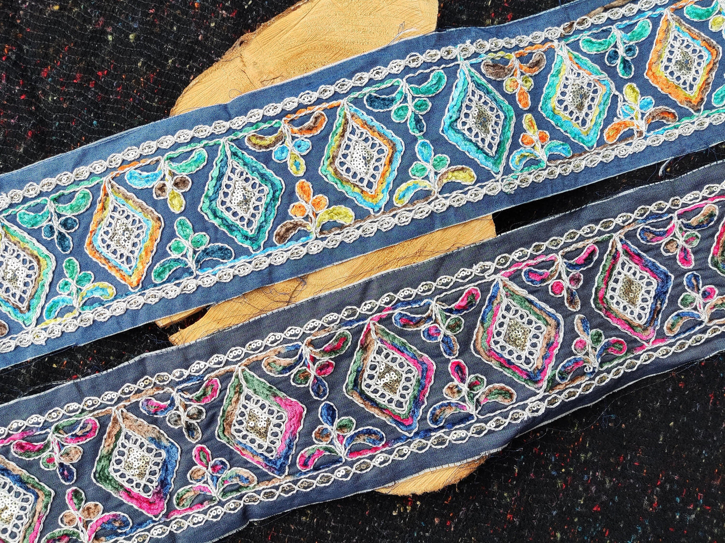 12cm Wide Heavily Embroidered Denim Ribbon Trim– Metallic Thread, Sequins, Frayed Edge  Border- For Dressmaking, Home decor