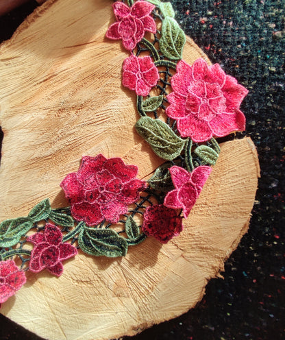 Red Rose Embroidered Flower Trim - 10cm Width Floral Vine Edging Border -DIY Clothing Bags Denim Jacket Jeans Embellishment Upholstery