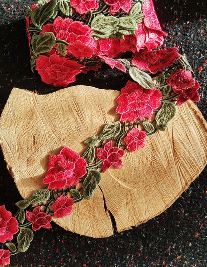 Red Rose Embroidered Flower Trim - 10cm Width Floral Vine Edging Border -DIY Clothing Bags Denim Jacket Jeans Embellishment Upholstery