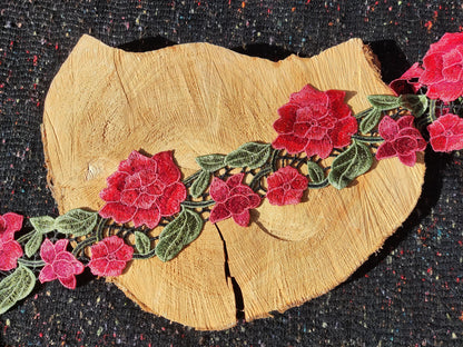 Red Rose Embroidered Flower Trim - 10cm Width Floral Vine Edging Border -DIY Clothing Bags Denim Jacket Jeans Embellishment Upholstery