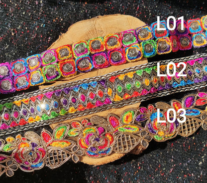 Chenille Embroidered Rainbow Trim with Sequin and Gold Edging- 7cm wide Gypsy Chic Colorful Flower Border- Per yard