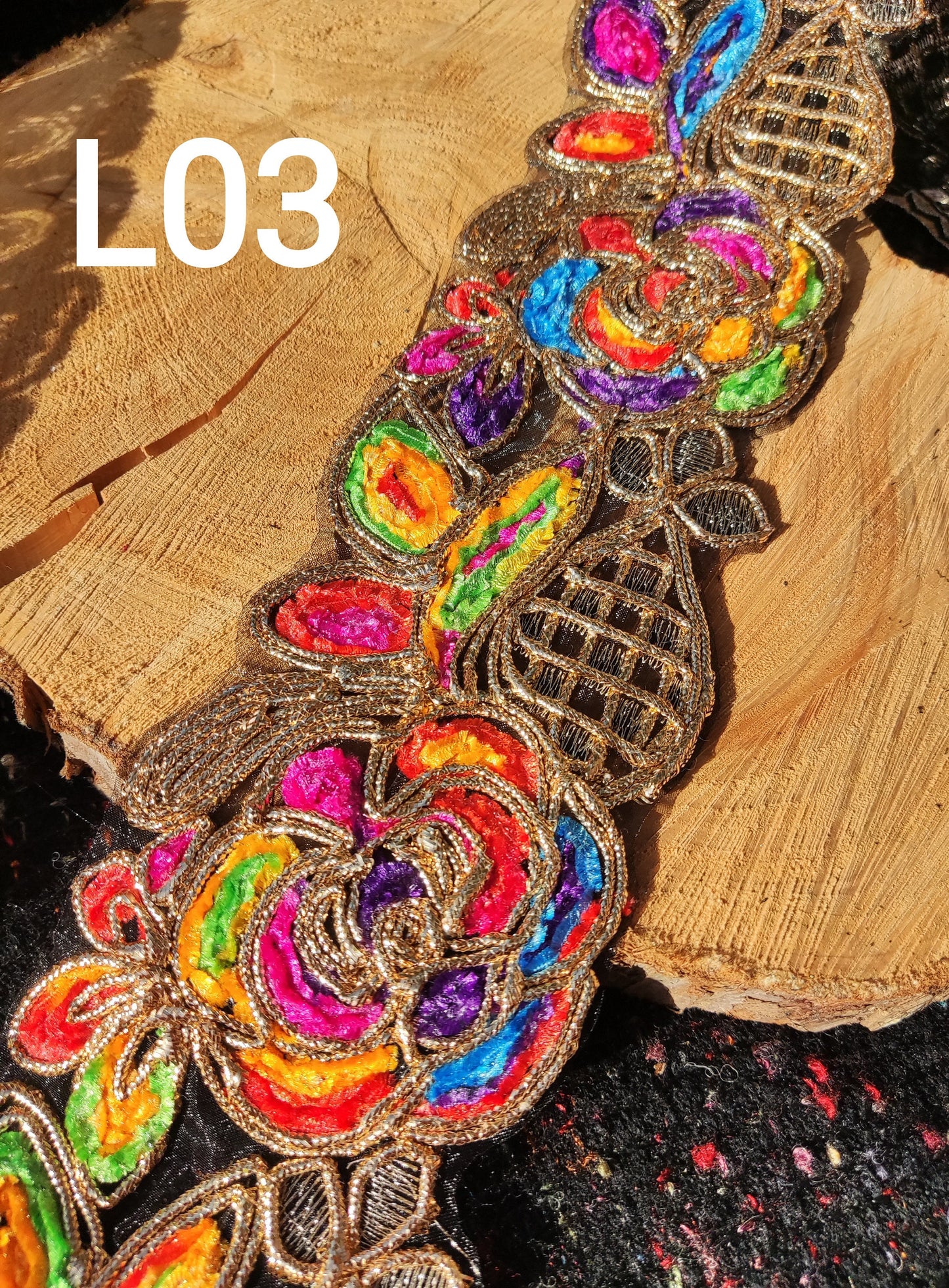 Chenille Embroidered Rainbow Trim with Sequin and Gold Edging- 7cm wide Gypsy Chic Colorful Flower Border- Per yard