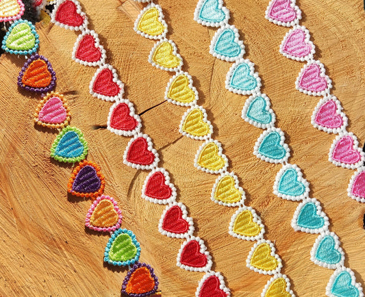 Embroidered Love Heart Lace Trim- 2cm width Colourful Ribbon Border- Per yard- DIY Clothing, Costume, Festival Dressmaking, Upholstery Decor