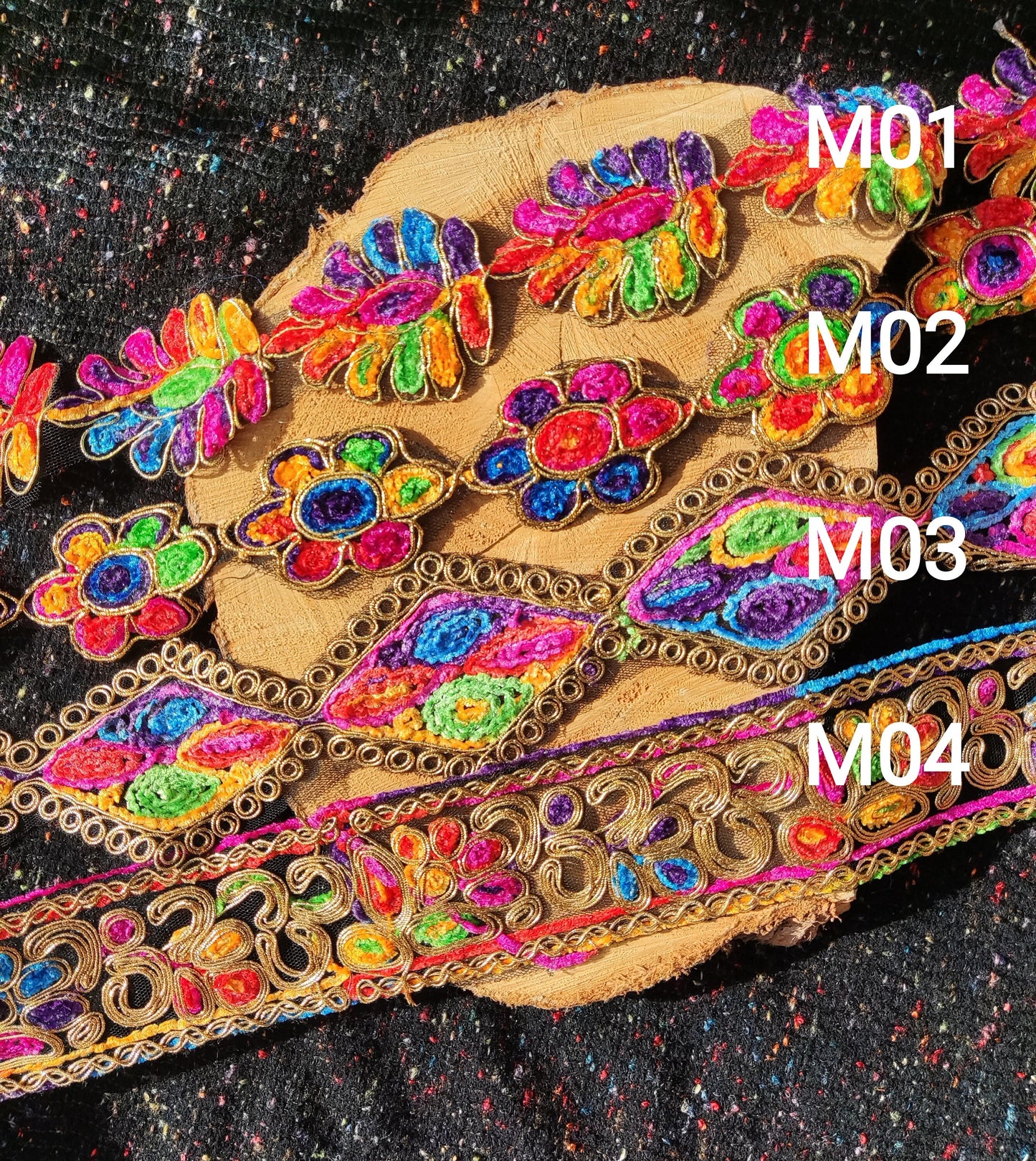 Chenille Embroidered Wide Rainbow Trim with Gold Piping- Per yard- Wide Flower Border For Costume DIY, Festival Decor, Soft furnishings