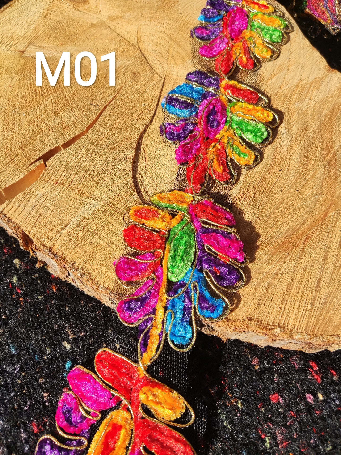 Chenille Embroidered Wide Rainbow Trim with Gold Piping- Per yard- Wide Flower Border For Costume DIY, Festival Decor, Soft furnishings