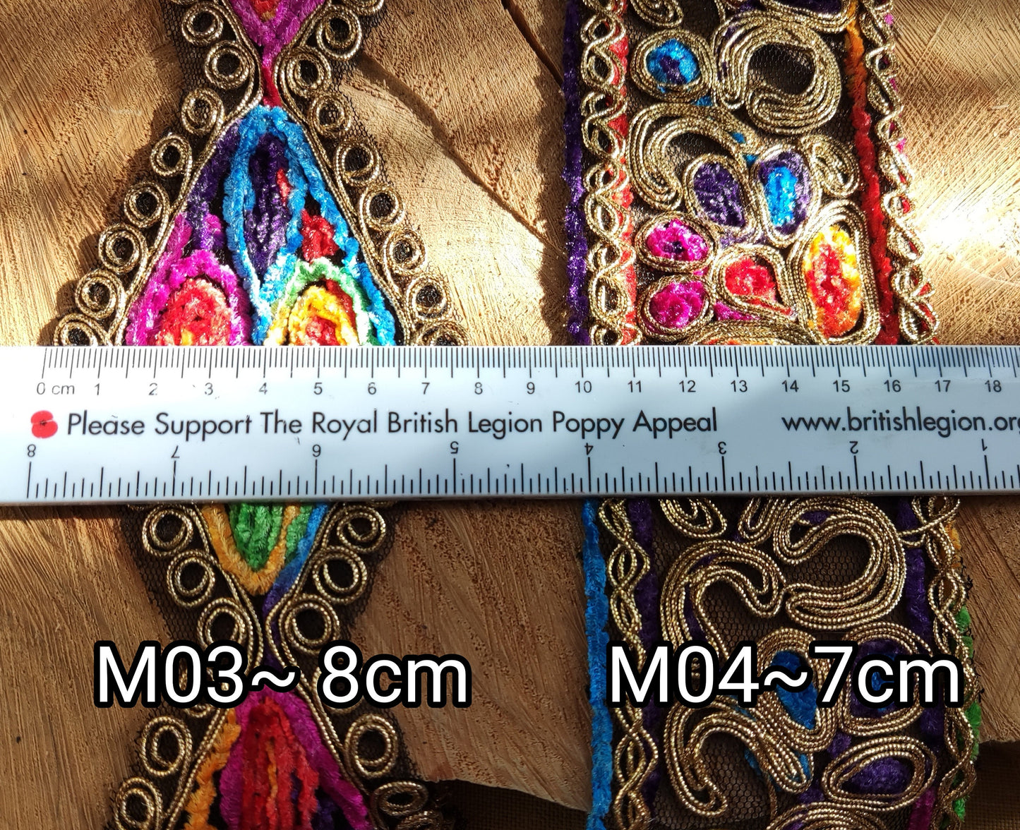Chenille Embroidered Wide Rainbow Trim with Gold Piping- Per yard- Wide Flower Border For Costume DIY, Festival Decor, Soft furnishings