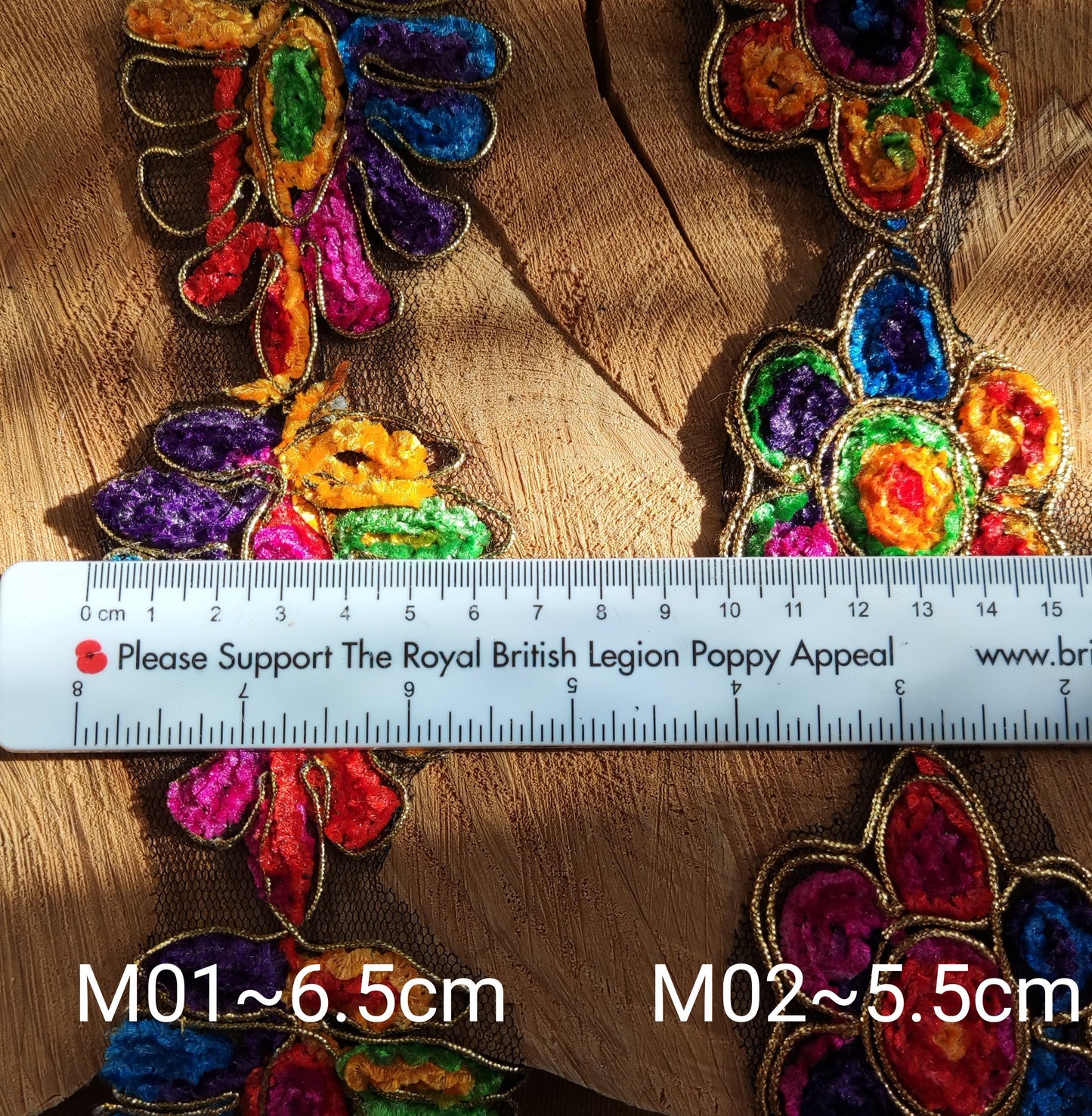 Chenille Embroidered Wide Rainbow Trim with Gold Piping- Per yard- Wide Flower Border For Costume DIY, Festival Decor, Soft furnishings