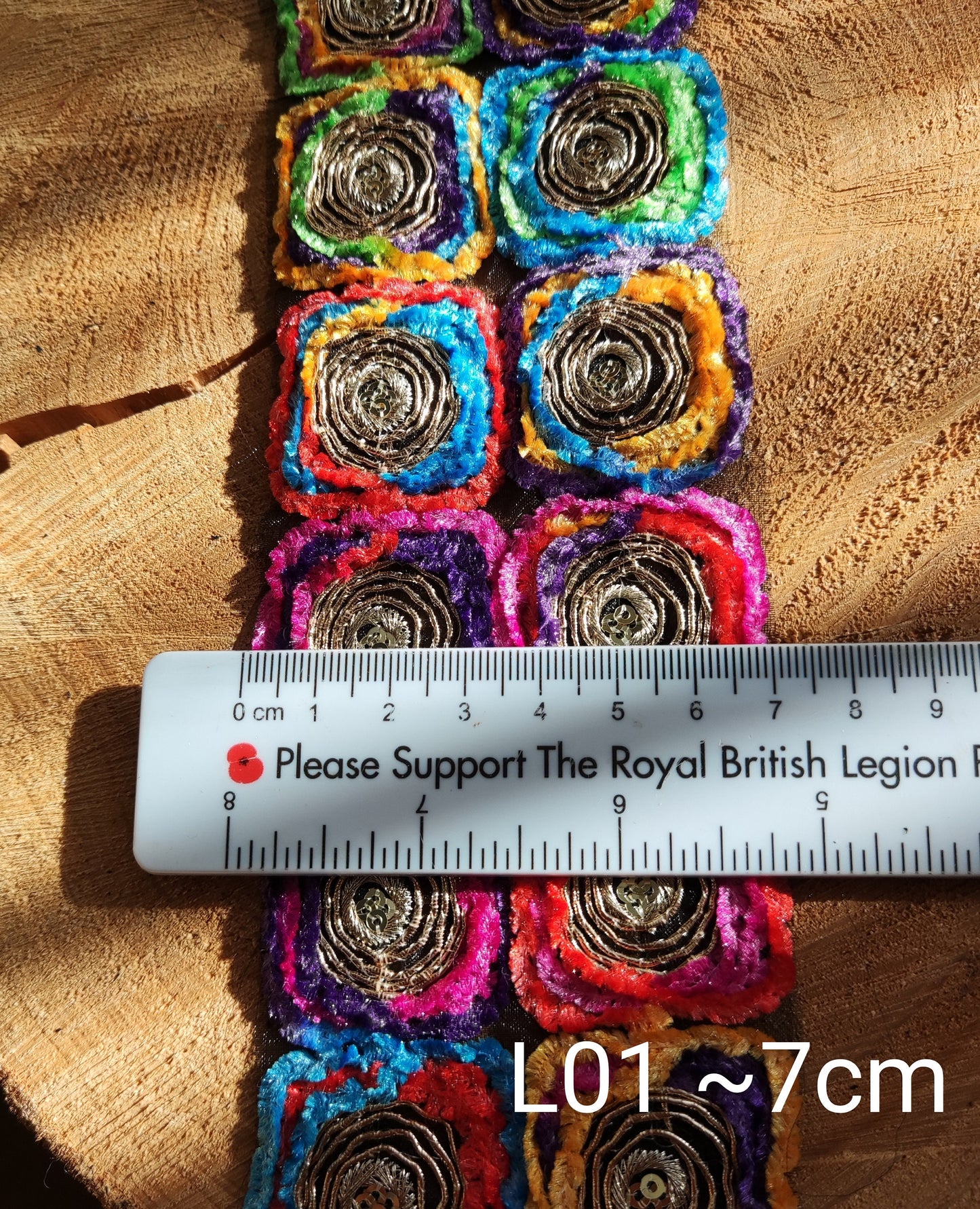 Chenille Embroidered Rainbow Trim with Sequin and Gold Edging- 7cm wide Gypsy Chic Colorful Flower Border- Per yard