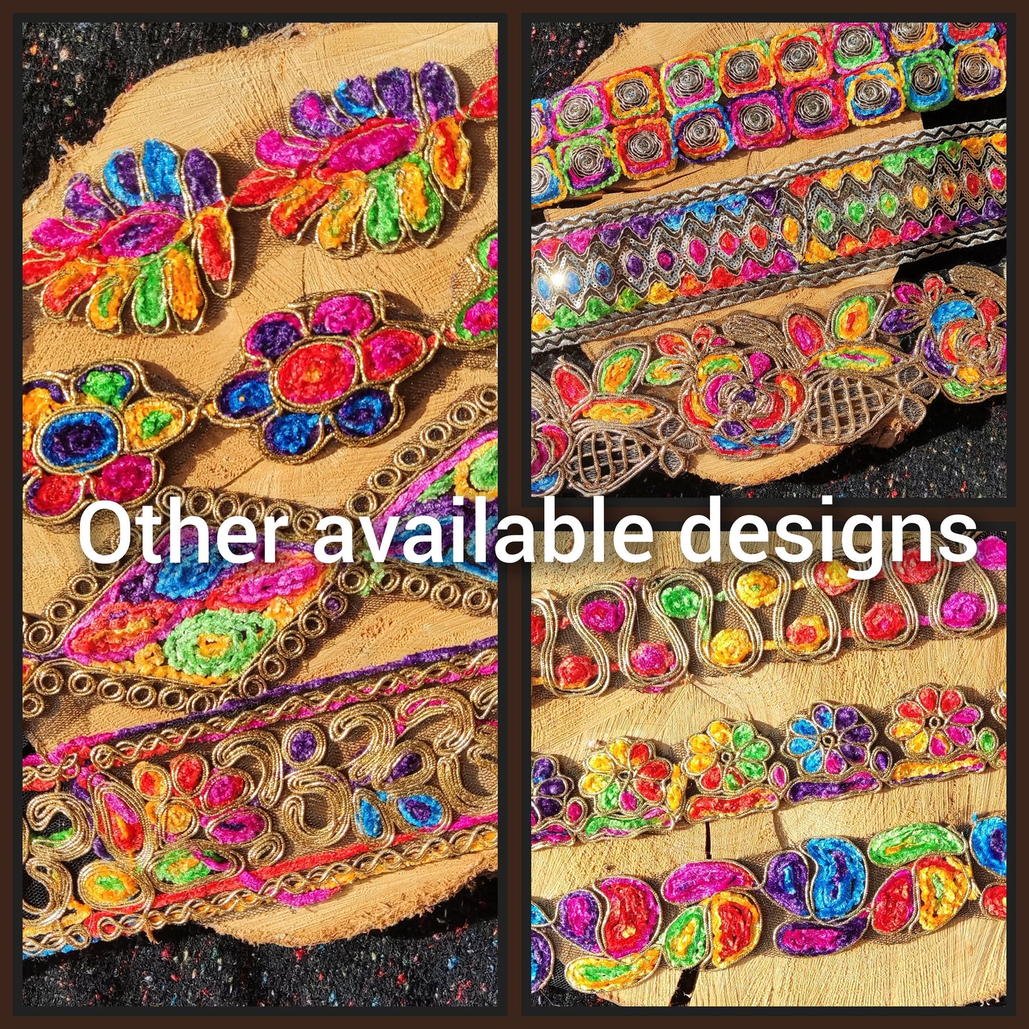 Chenille Embroidered Rainbow Trim with Sequin and Gold Edging- 7cm wide Gypsy Chic Colorful Flower Border- Per yard