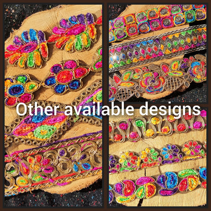 Chenille Embroidered Rainbow Trim with Sequin and Gold Edging- 7cm wide Gypsy Chic Colorful Flower Border- Per yard