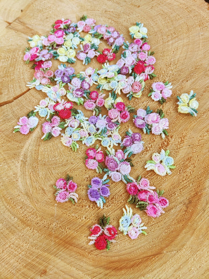 25pc Tiny Embroidered Flower Sew on Applique- Small Multicolored Floral Motif- For Doll Clothes, Junk Journal, Scrapbooking