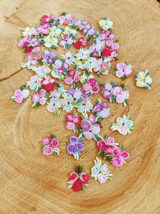 25pc Tiny Embroidered Flower Sew on Applique- Small Multicolored Floral Motif- For Doll Clothes, Junk Journal, Scrapbooking