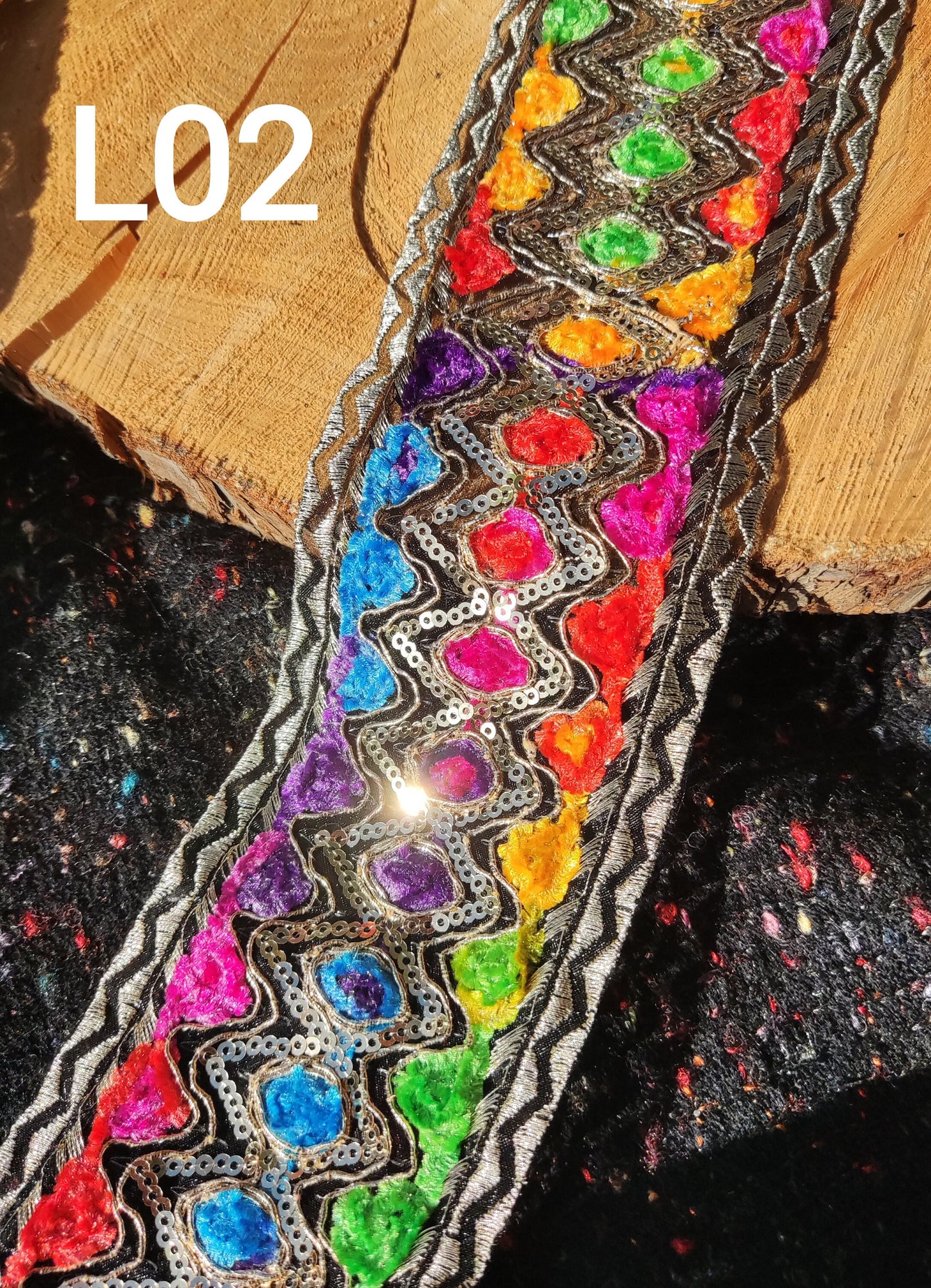 Chenille Embroidered Rainbow Trim with Sequin and Gold Edging- 7cm wide Gypsy Chic Colorful Flower Border- Per yard