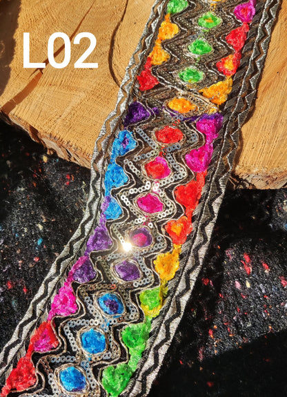 Chenille Embroidered Rainbow Trim with Sequin and Gold Edging- 7cm wide Gypsy Chic Colorful Flower Border- Per yard