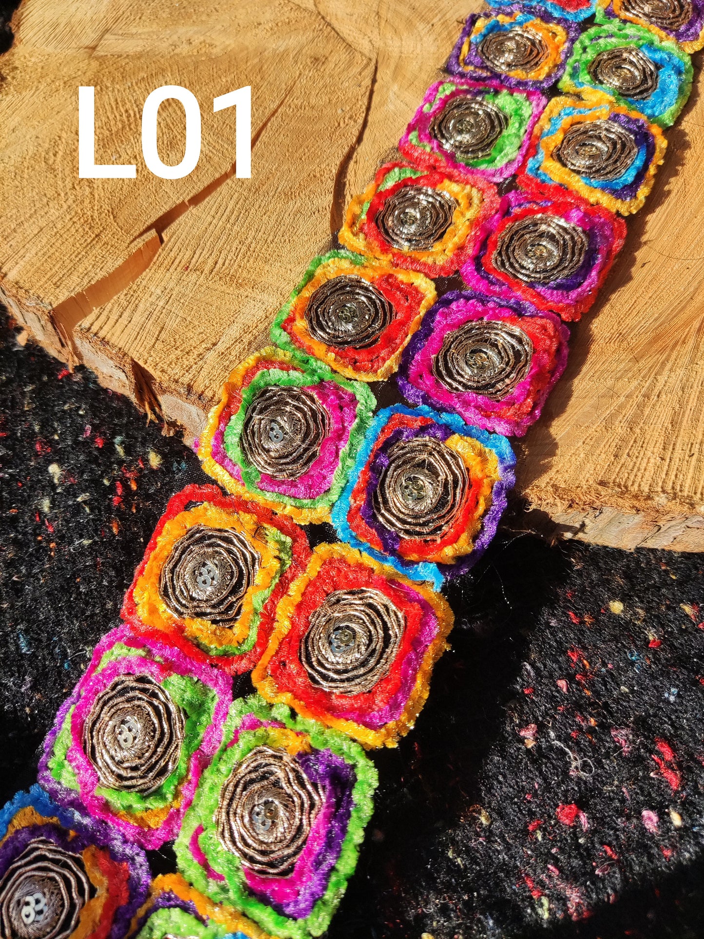 Chenille Embroidered Rainbow Trim with Sequin and Gold Edging- 7cm wide Gypsy Chic Colorful Flower Border- Per yard