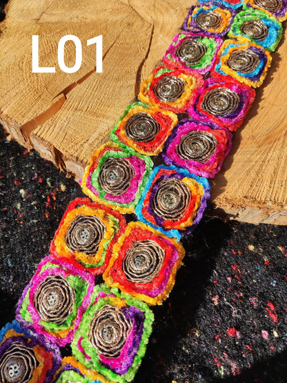 Chenille Embroidered Rainbow Trim with Sequin and Gold Edging- 7cm wide Gypsy Chic Colorful Flower Border- Per yard