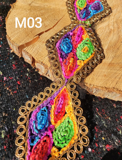 Chenille Embroidered Wide Rainbow Trim with Gold Piping- Per yard- Wide Flower Border For Costume DIY, Festival Decor, Soft furnishings
