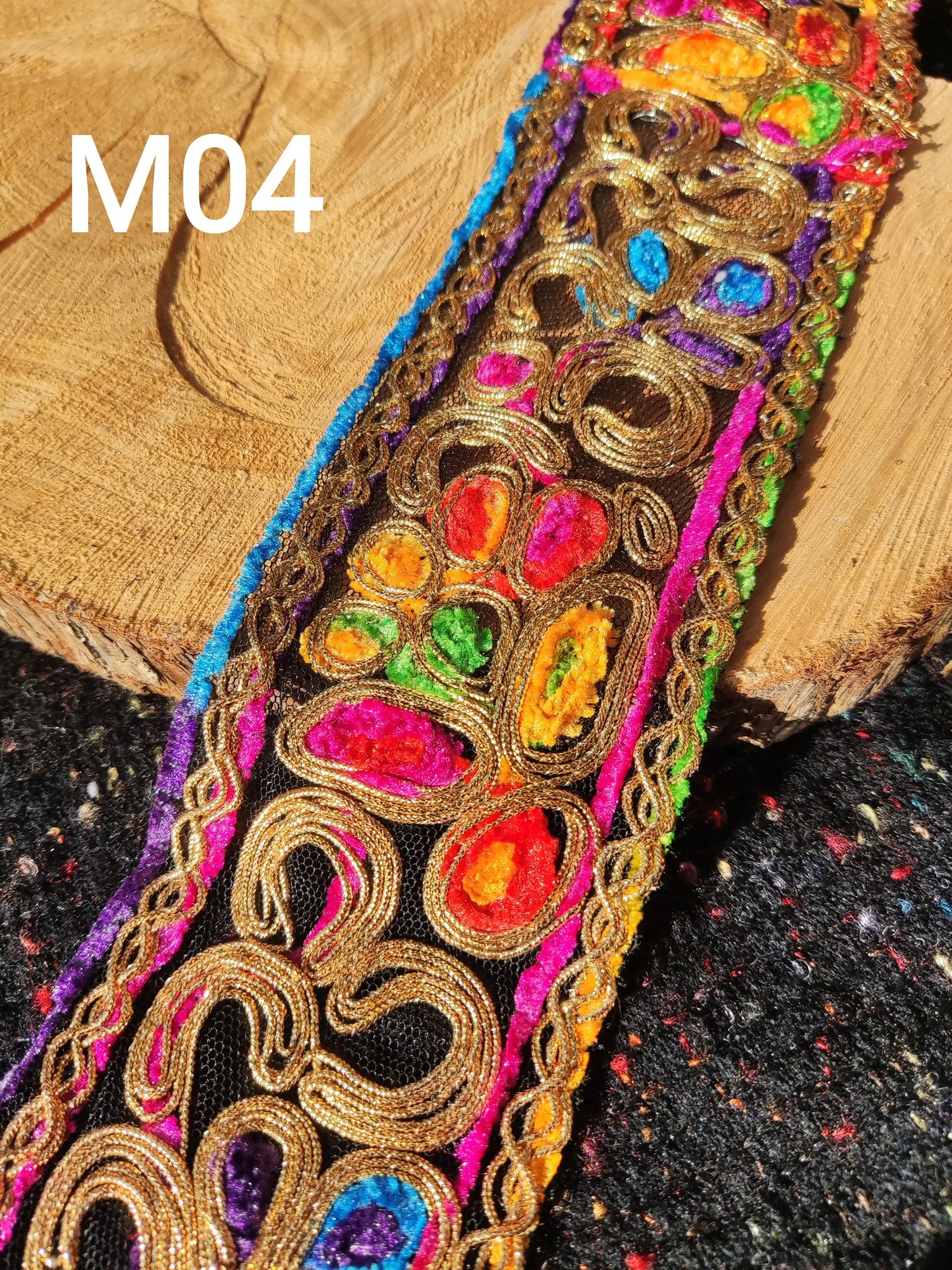 Chenille Embroidered Wide Rainbow Trim with Gold Piping- Per yard- Wide Flower Border For Costume DIY, Festival Decor, Soft furnishings