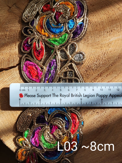 Chenille Embroidered Rainbow Trim with Sequin and Gold Edging- 7cm wide Gypsy Chic Colorful Flower Border- Per yard