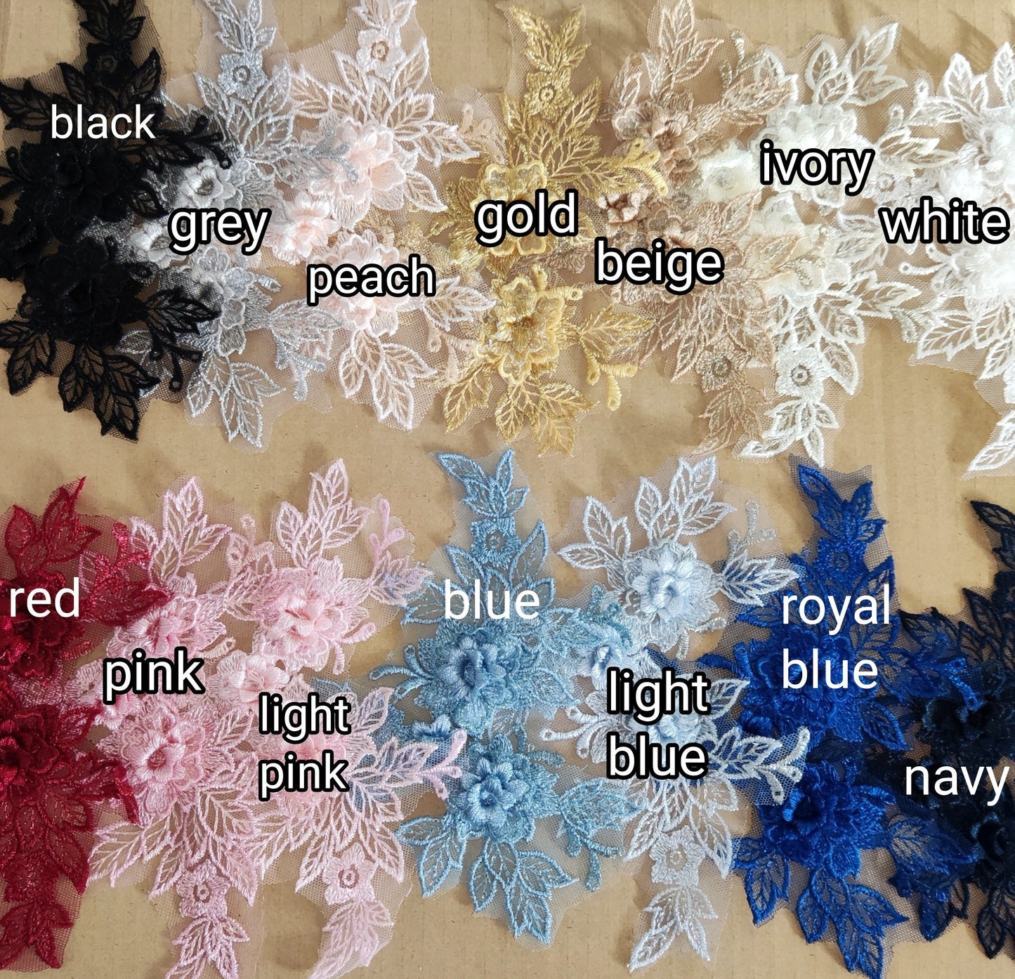 14 colours-1 Pair of Floral applique Embroidered motif- Sew on Wedding Dress Bridal Gown Wedding Costume Patch